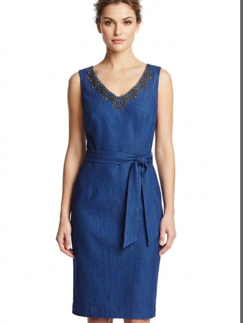 Ellen Tracy Beaded V Neckline Blue Sleeveless Sheath Midi Dress Size 12